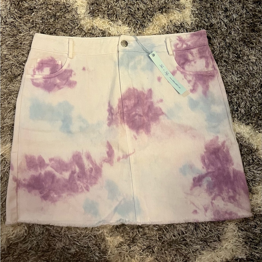 “She + Sky” Tie Dye Mini Denim Skirt, Size Large